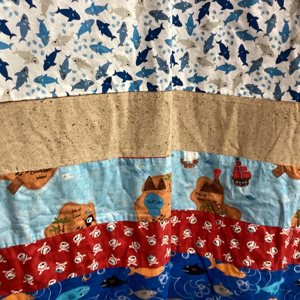 Kids Shark Pirate FishQuilt Blanket Blue Red Multi Beach Ocean Theme 44‎ x 40